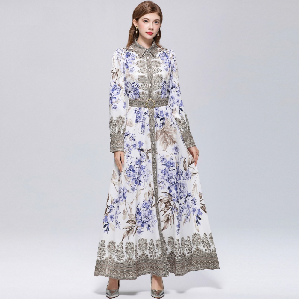 Slim breasted retro dress printing puff sleeve formal dress