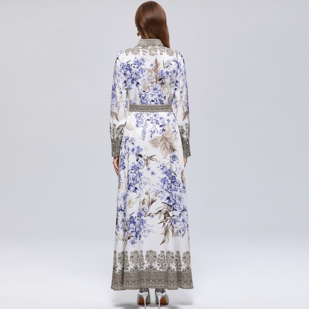 Slim breasted retro dress printing puff sleeve formal dress