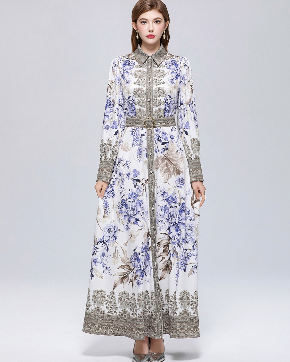 Slim breasted retro dress printing puff sleeve formal dress