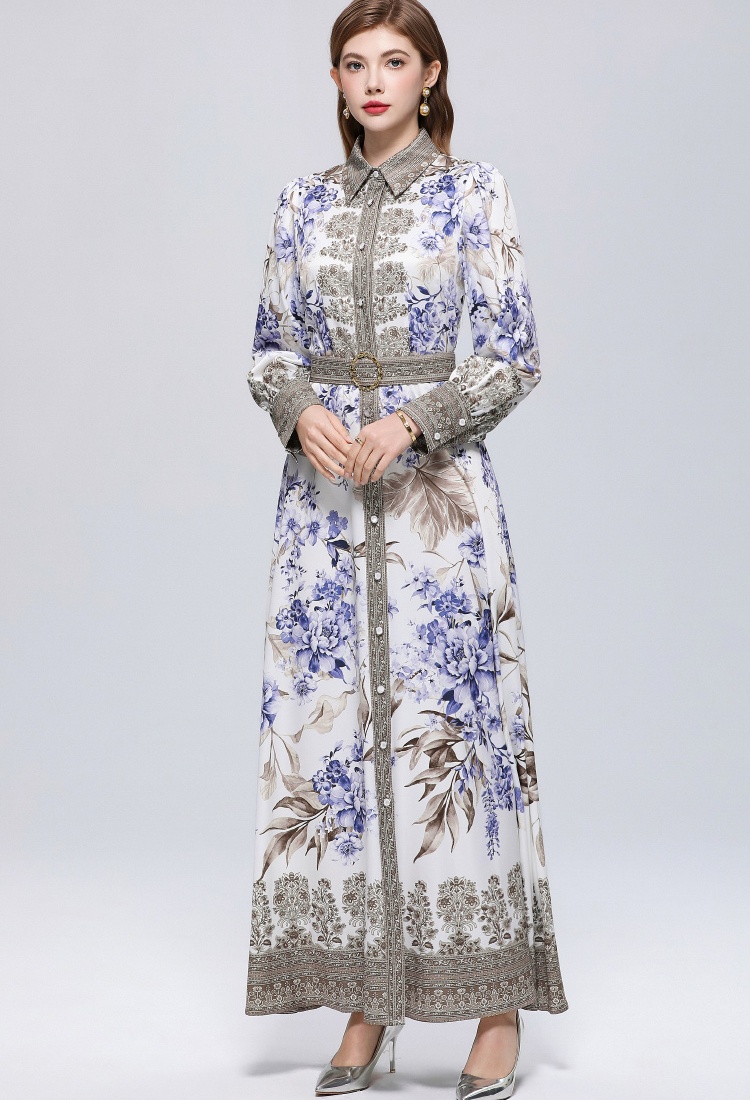 Slim breasted retro dress printing puff sleeve formal dress