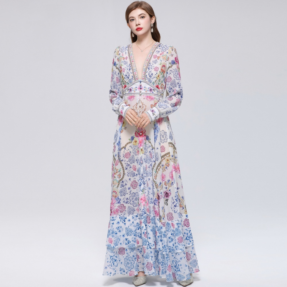 Retro printing dress frenum long dress for women