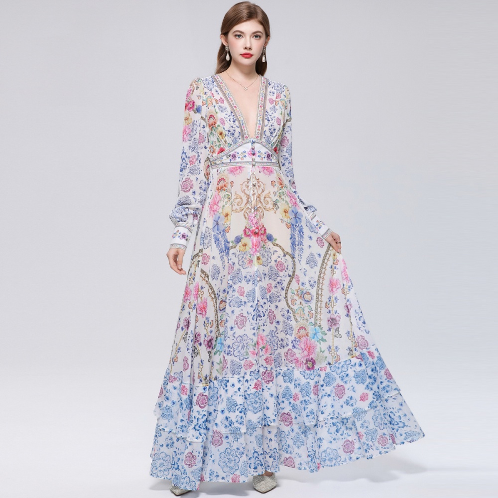 Retro printing dress frenum long dress for women