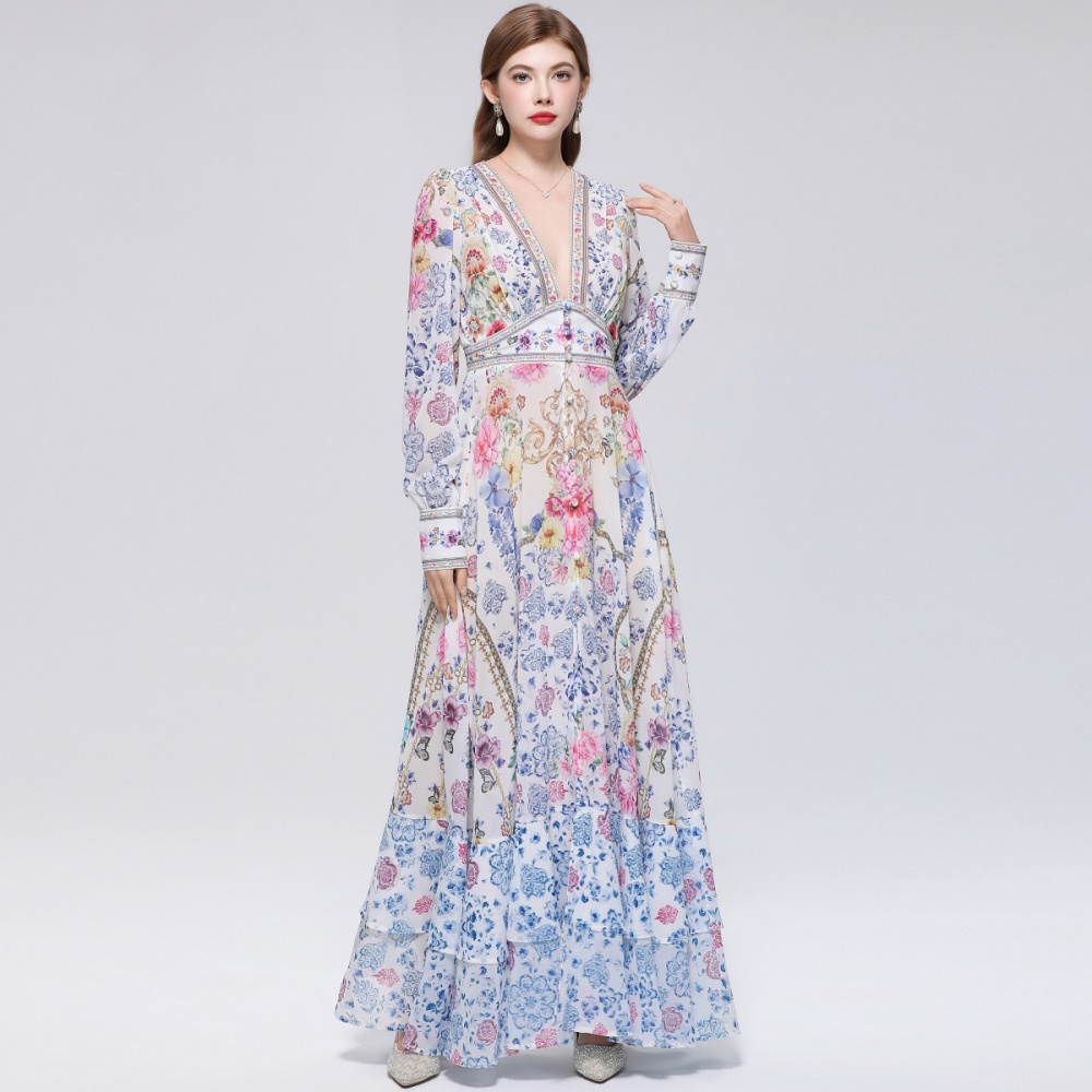 Retro printing dress frenum long dress for women
