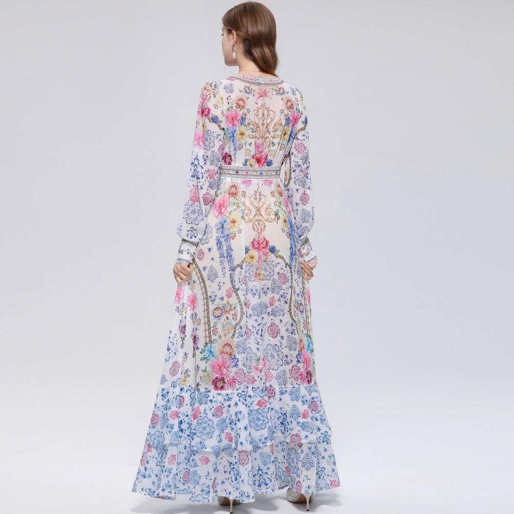 Retro printing dress frenum long dress for women