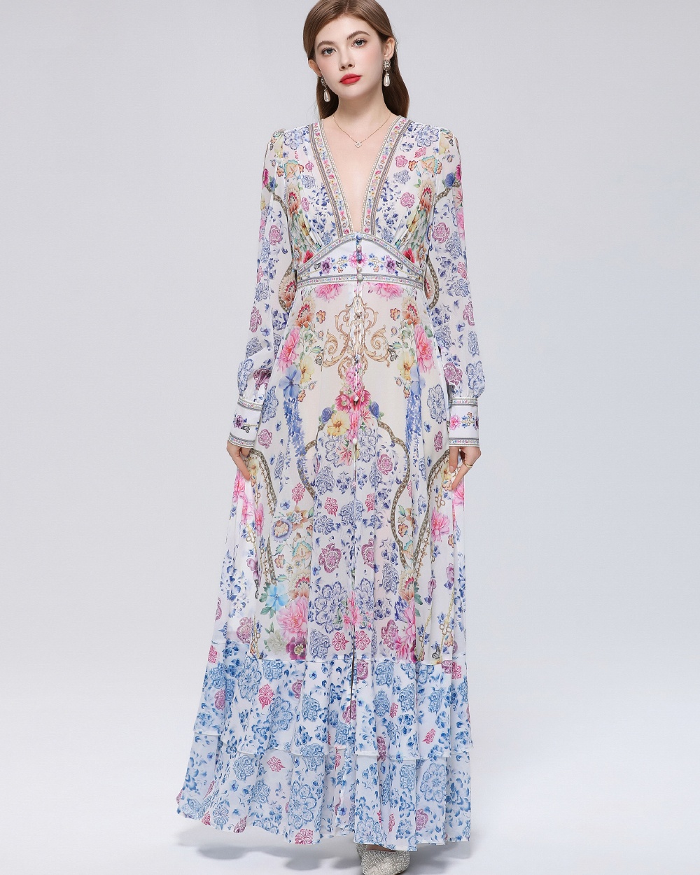 Retro printing dress frenum long dress for women