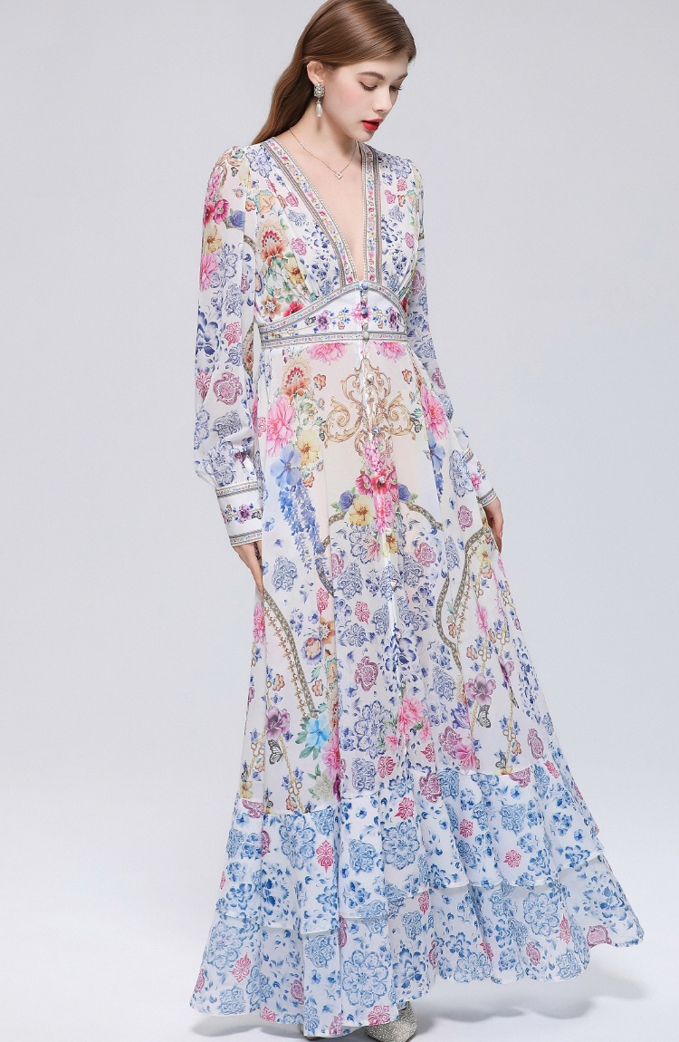 Retro printing dress frenum long dress for women