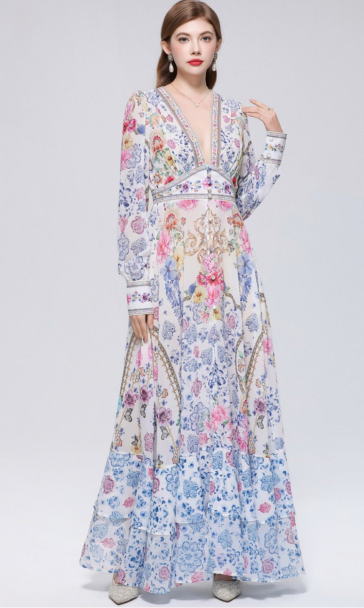 Retro printing dress frenum long dress for women