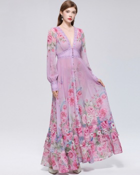 Big skirt printing dress retro long dress for women