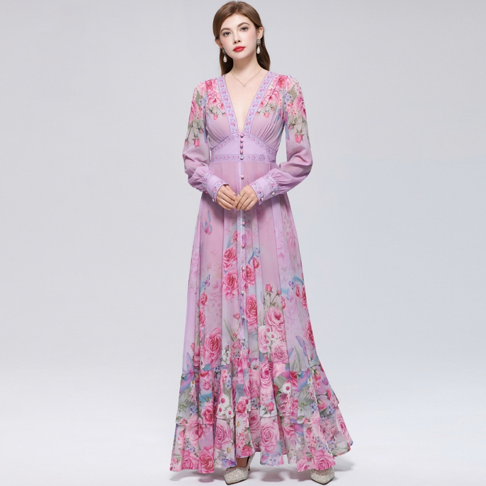 Big skirt printing dress retro long dress for women