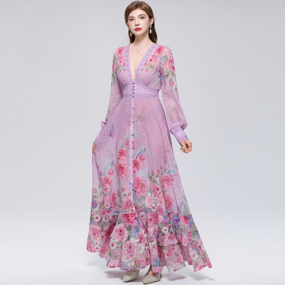 Big skirt printing dress retro long dress for women
