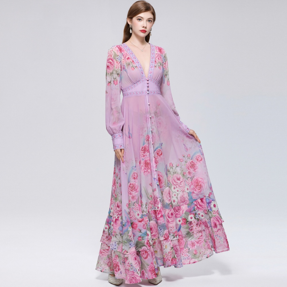 Big skirt printing dress retro long dress for women