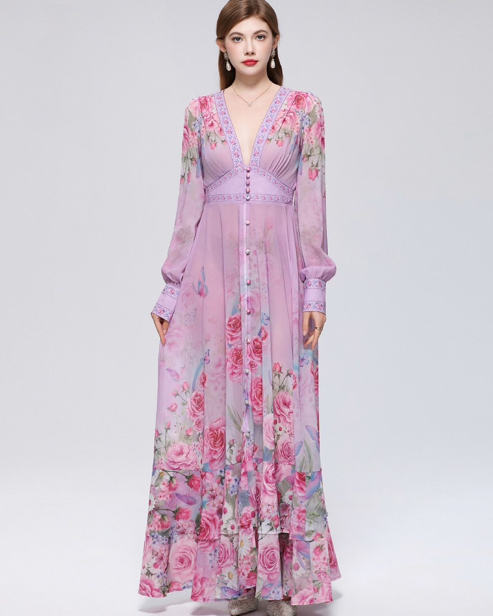 Big skirt printing dress retro long dress for women