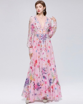 Retro frenum dress printing long dress for women