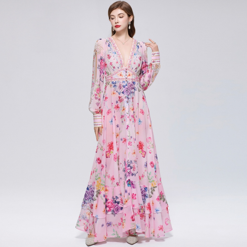 Retro frenum dress printing long dress for women