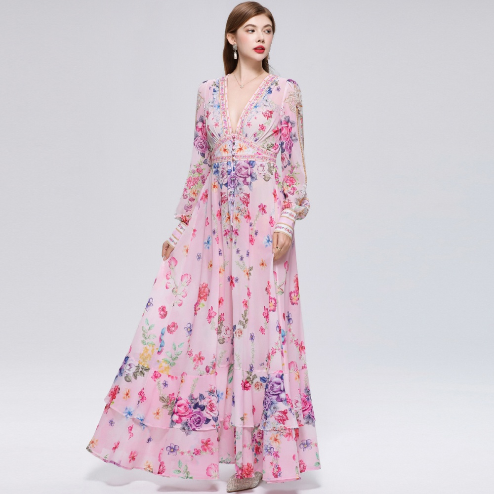 Retro frenum dress printing long dress for women