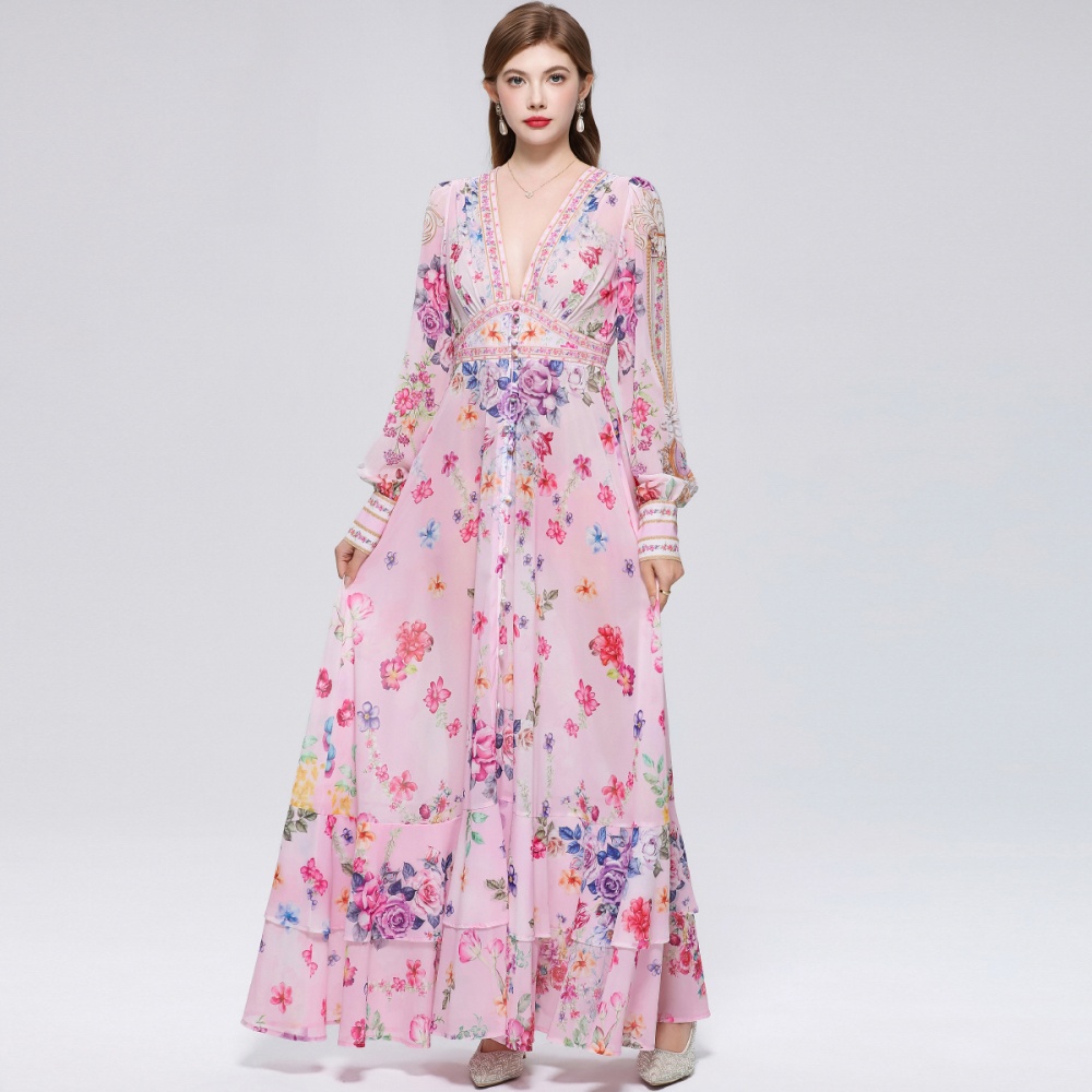 Retro frenum dress printing long dress for women