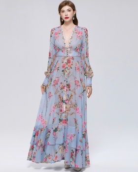 V-neck frenum long dress printing dress for women