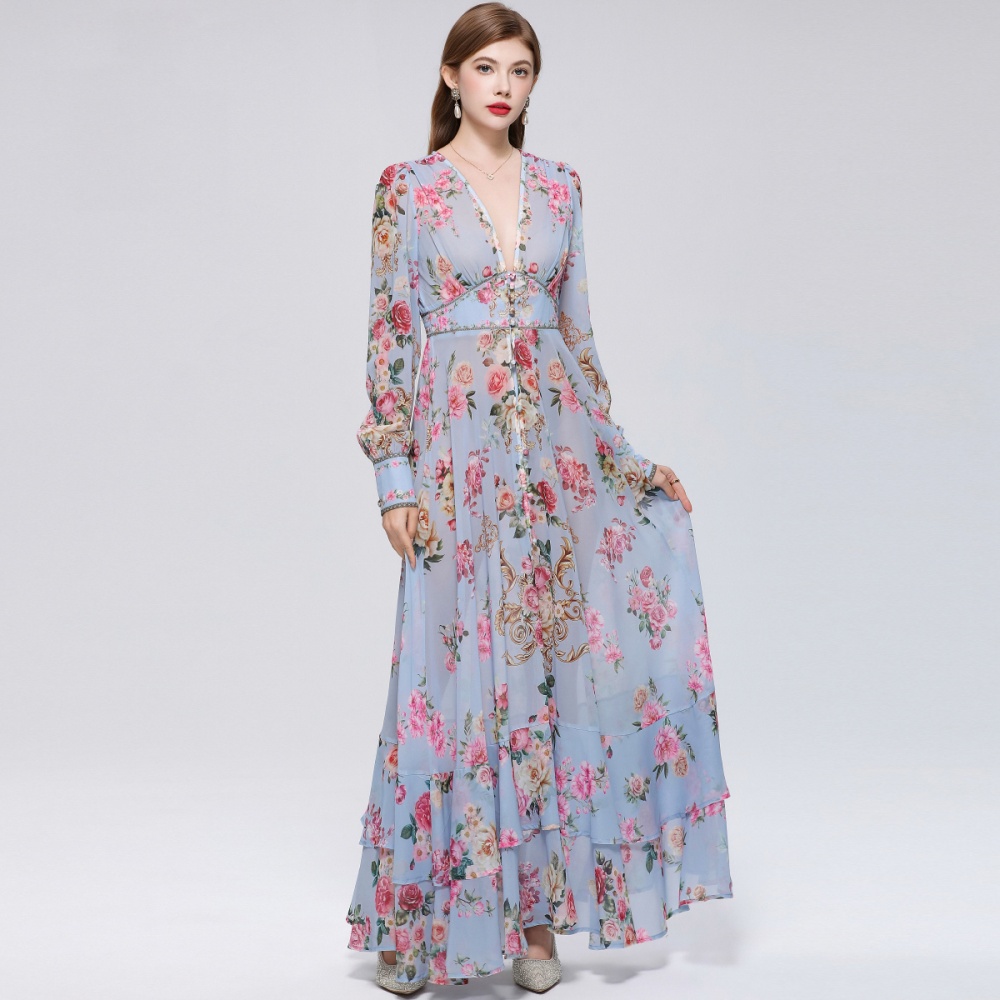 V-neck frenum long dress printing dress for women