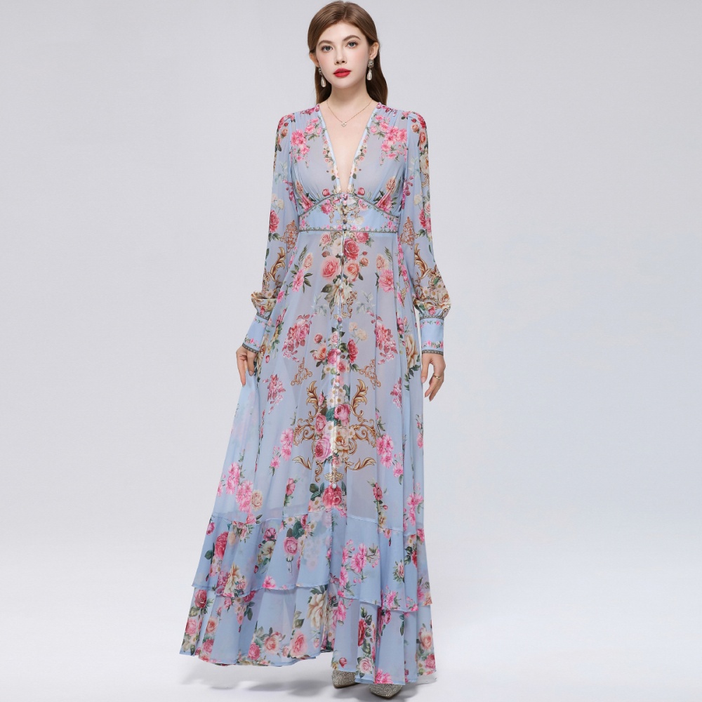 V-neck frenum long dress printing dress for women