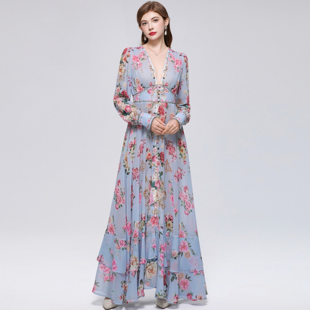 V-neck frenum long dress printing dress for women