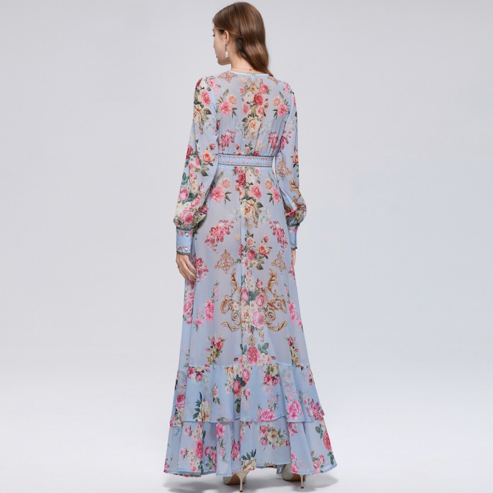 V-neck frenum long dress printing dress for women