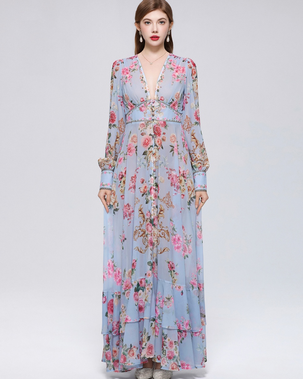 V-neck frenum long dress printing dress for women