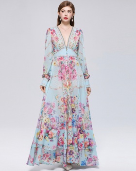 Printing long dress lantern sleeve dress for women