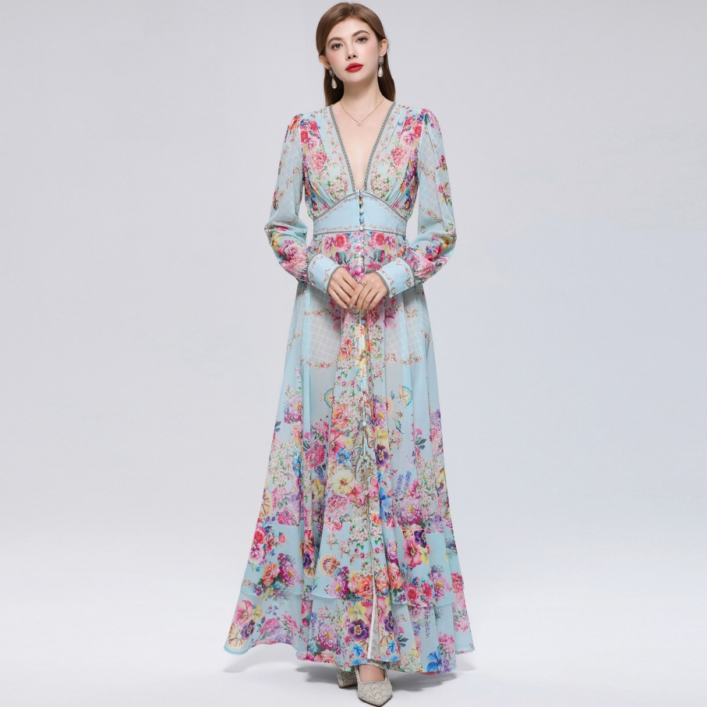 Printing long dress lantern sleeve dress for women