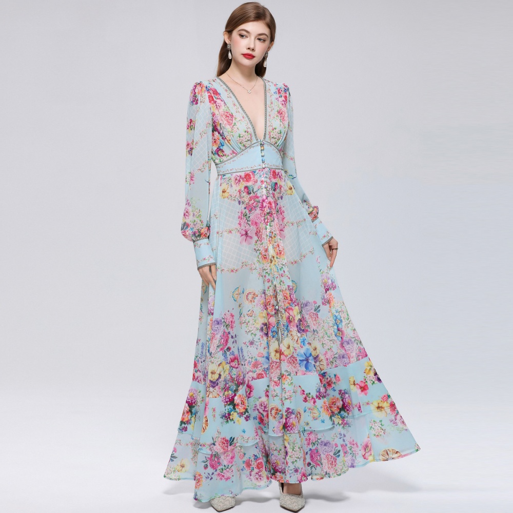 Printing long dress lantern sleeve dress for women