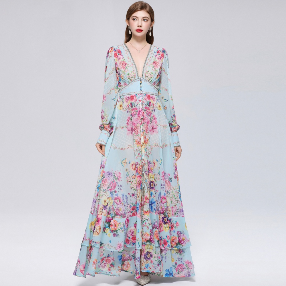 Printing long dress lantern sleeve dress for women