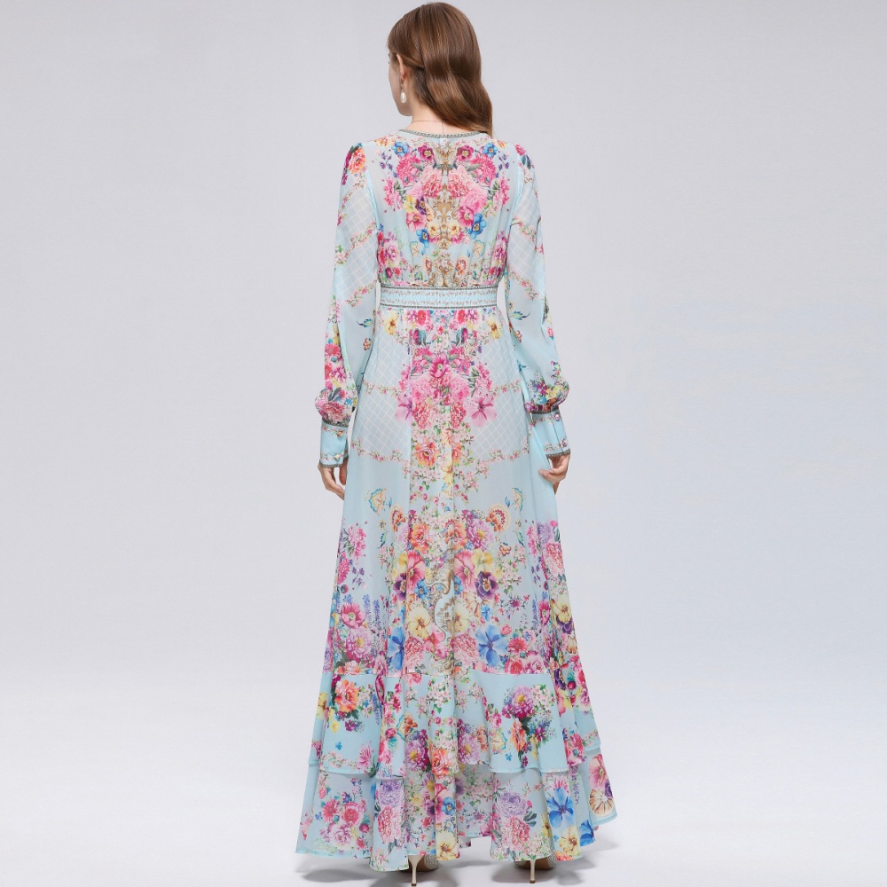 Printing long dress lantern sleeve dress for women