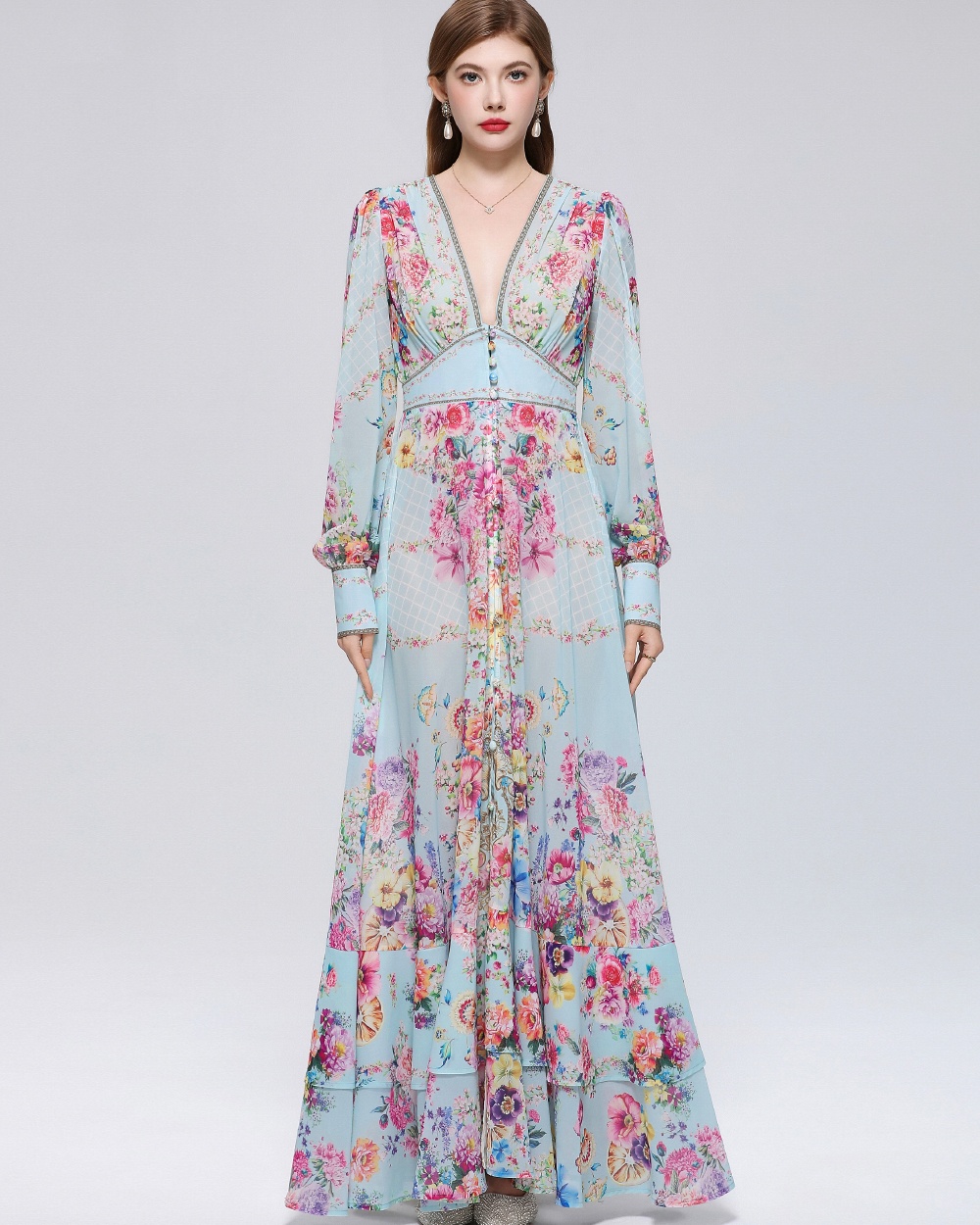 Printing long dress lantern sleeve dress for women