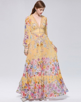 Pinched waist long dress V-neck dress for women