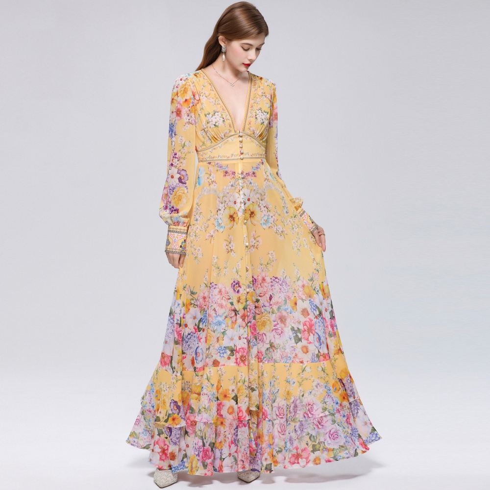 Pinched waist long dress V-neck dress for women