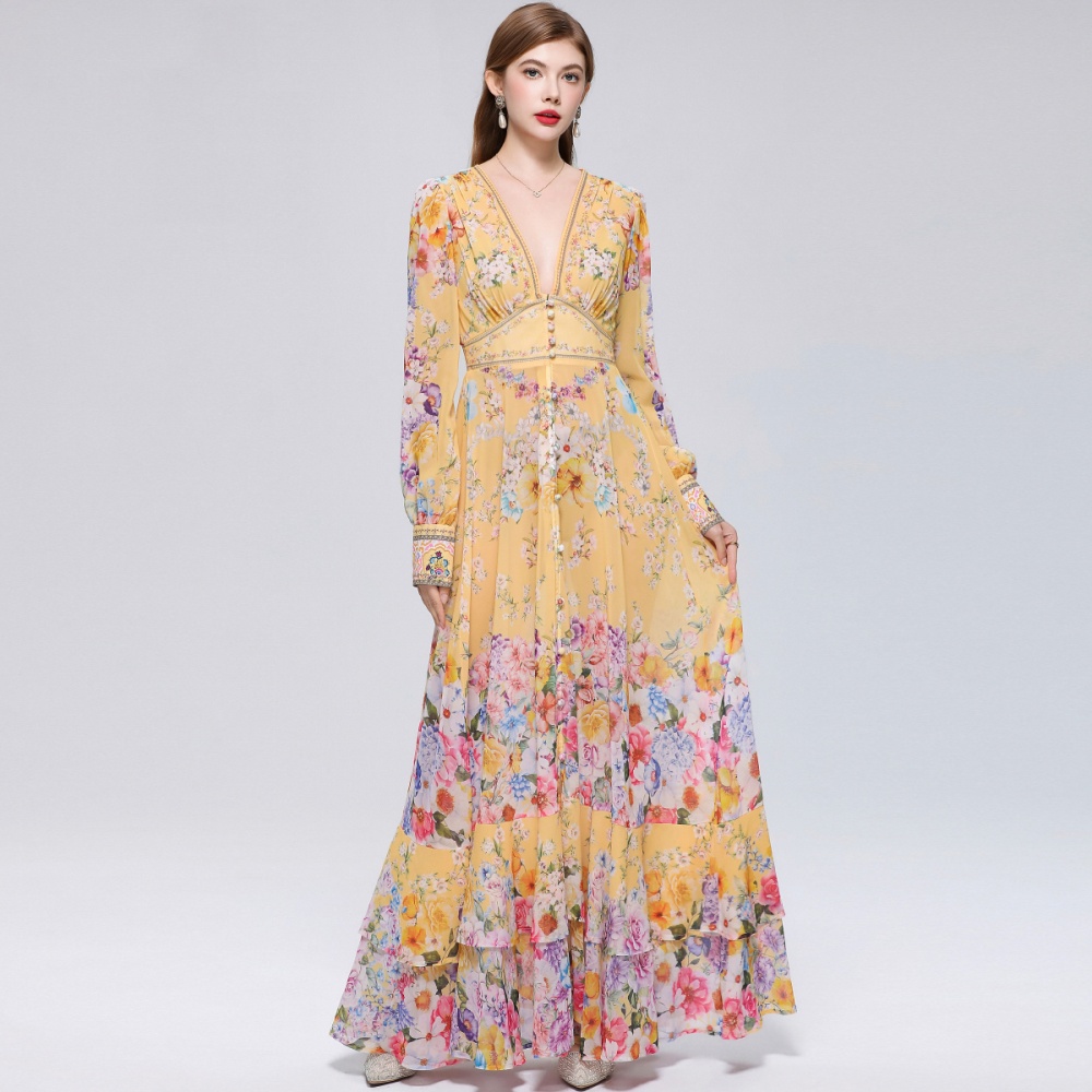 Pinched waist long dress V-neck dress for women