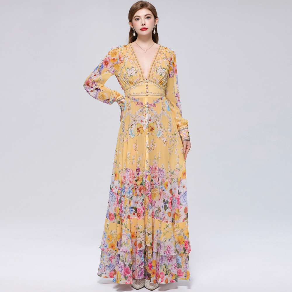 Pinched waist long dress V-neck dress for women