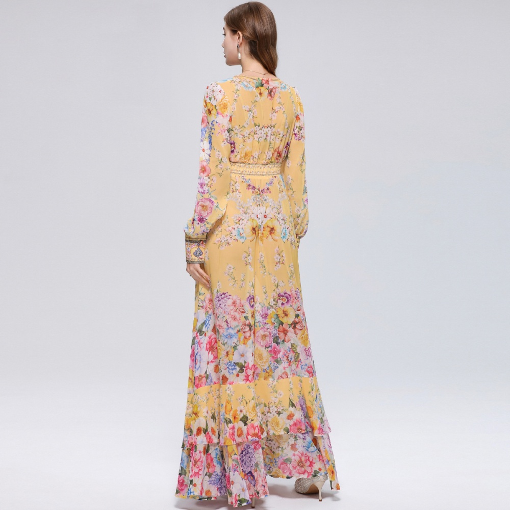 Pinched waist long dress V-neck dress for women