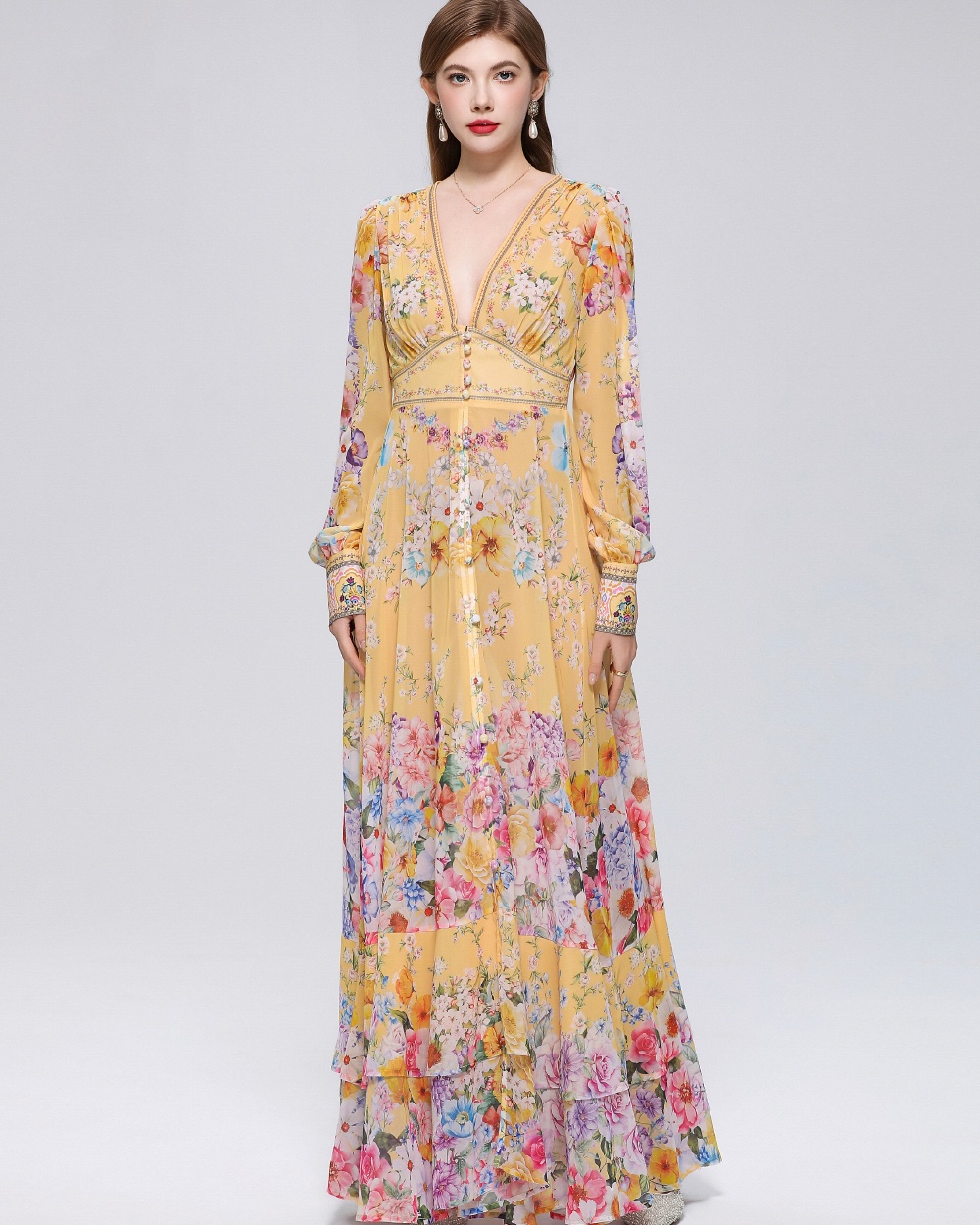 Pinched waist long dress V-neck dress for women