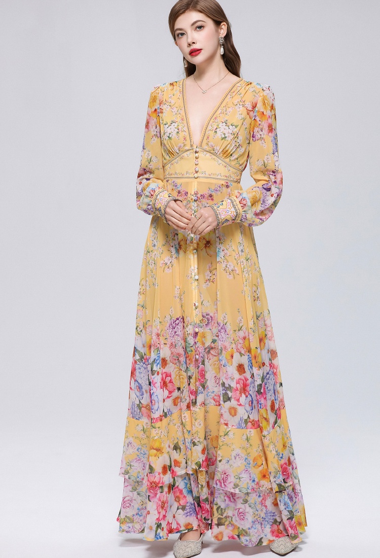 Pinched waist long dress V-neck dress for women