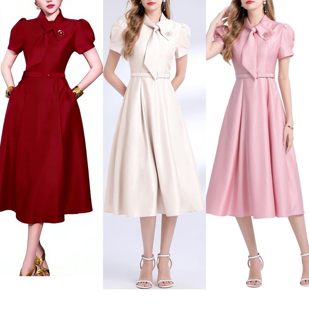 With belt elegant temperament ladies short sleeve dress