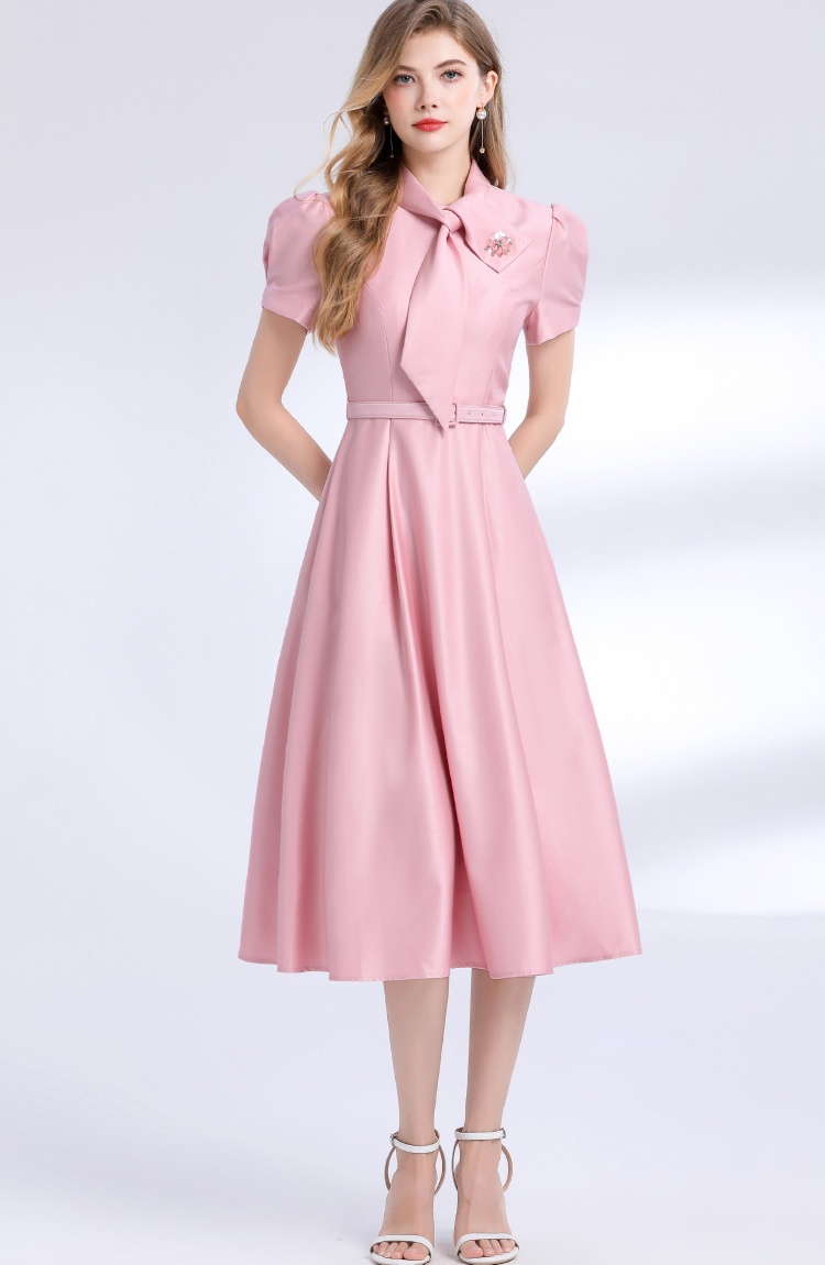 With belt elegant temperament ladies short sleeve dress