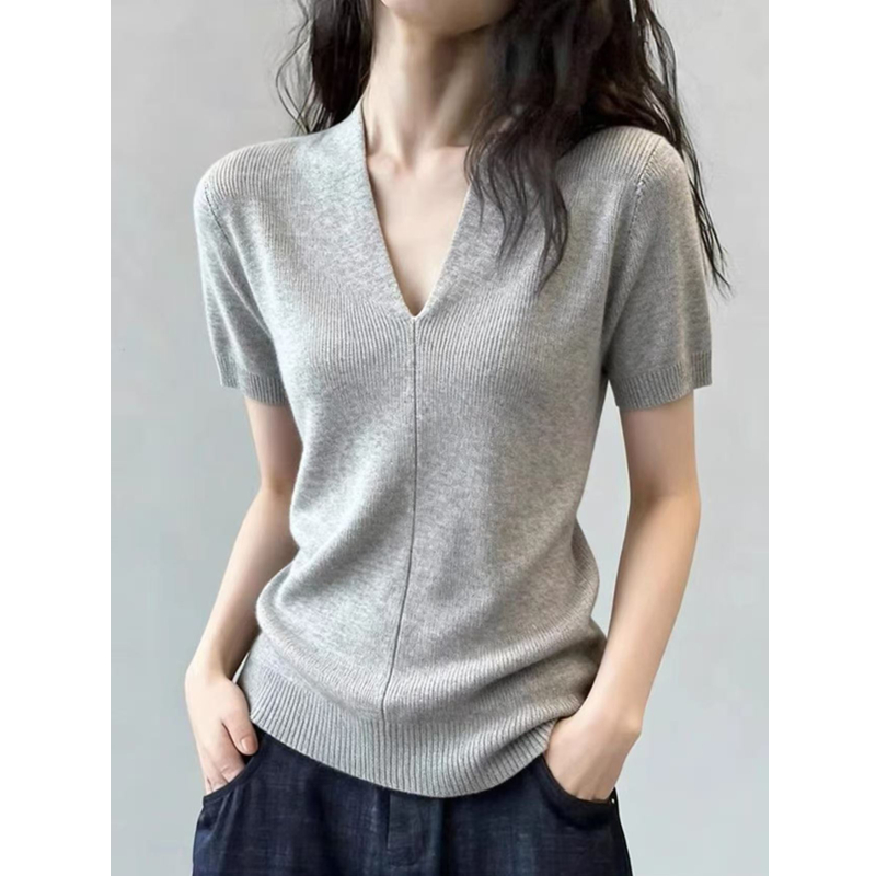 Temperament V-neck tops short sleeve light luxury sweater