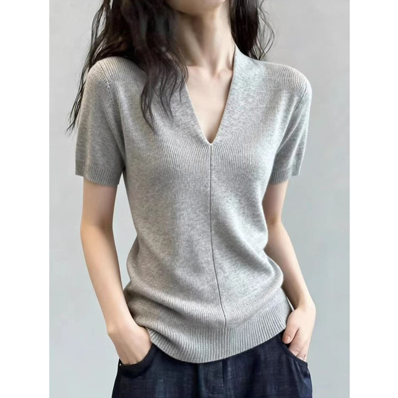 Temperament V-neck tops short sleeve light luxury sweater