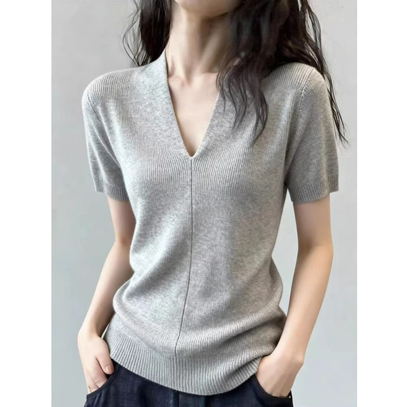 Temperament V-neck tops short sleeve light luxury sweater