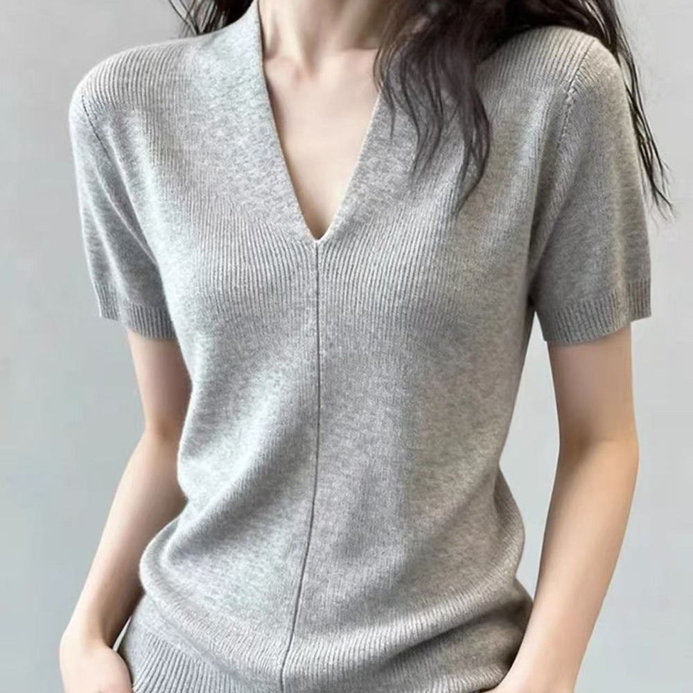 Temperament V-neck tops short sleeve light luxury sweater