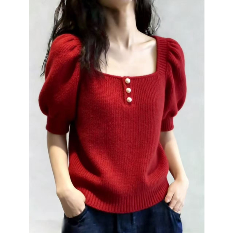Commuting short sleeve T-shirt red tops for women