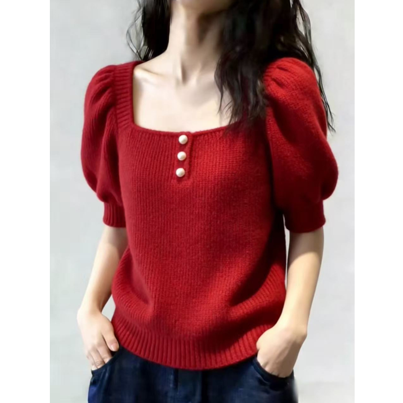 Commuting short sleeve T-shirt red tops for women
