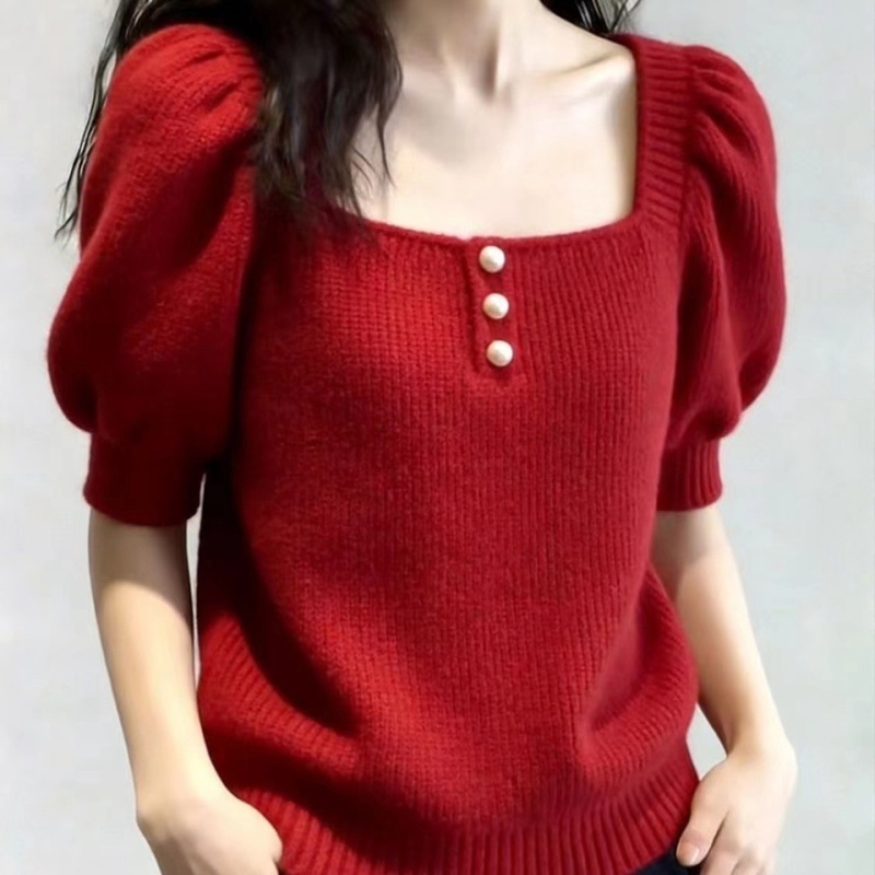 Commuting short sleeve T-shirt red tops for women