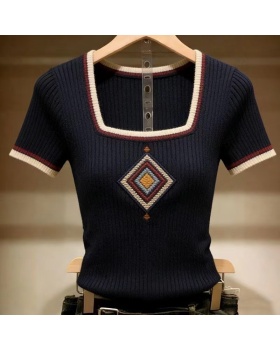 Unique square collar tops slim knitted T-shirt for women