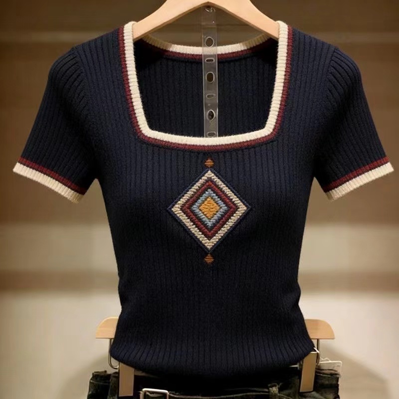 Unique square collar tops slim knitted T-shirt for women